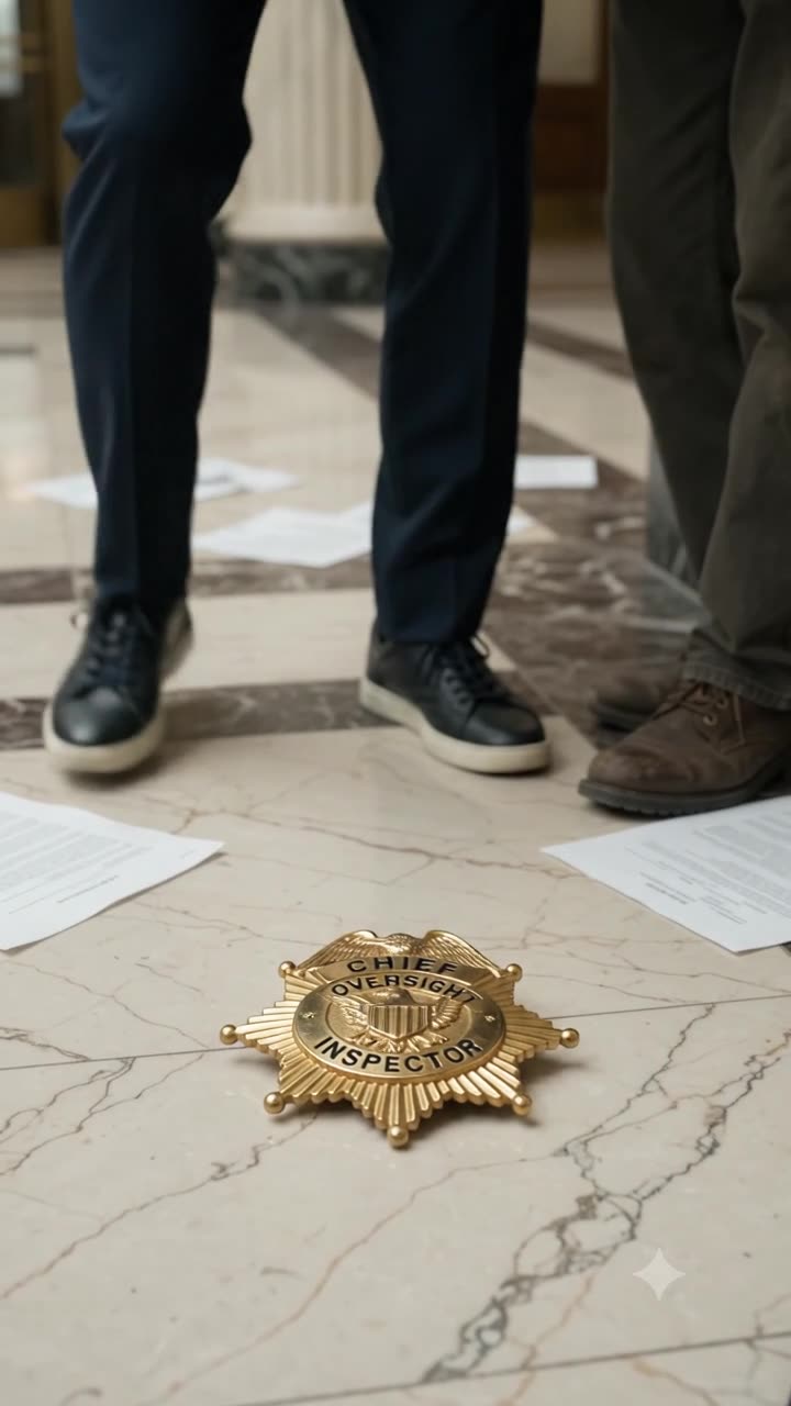 A gold Chief Oversight Inspector starburst badge lies dropped on the marble floor between their feet.