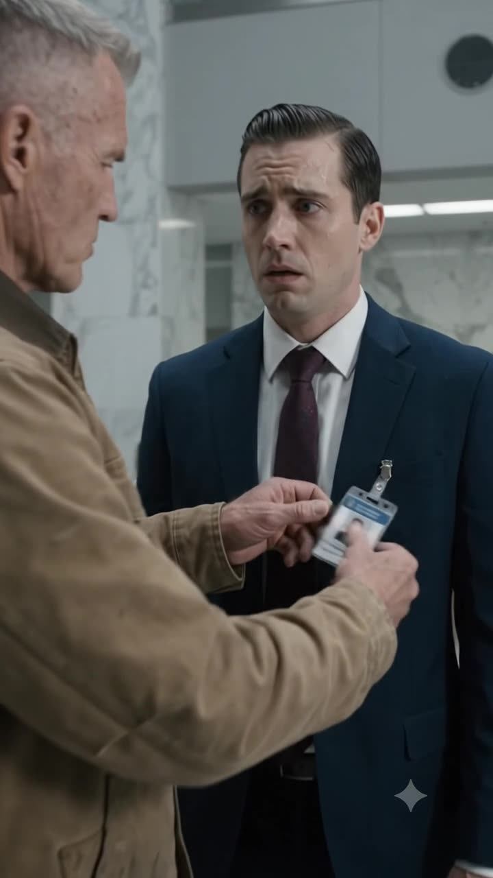 Arthur Vance calmly examines Trent Bradley's executive badge while Trent watches in mounting terror