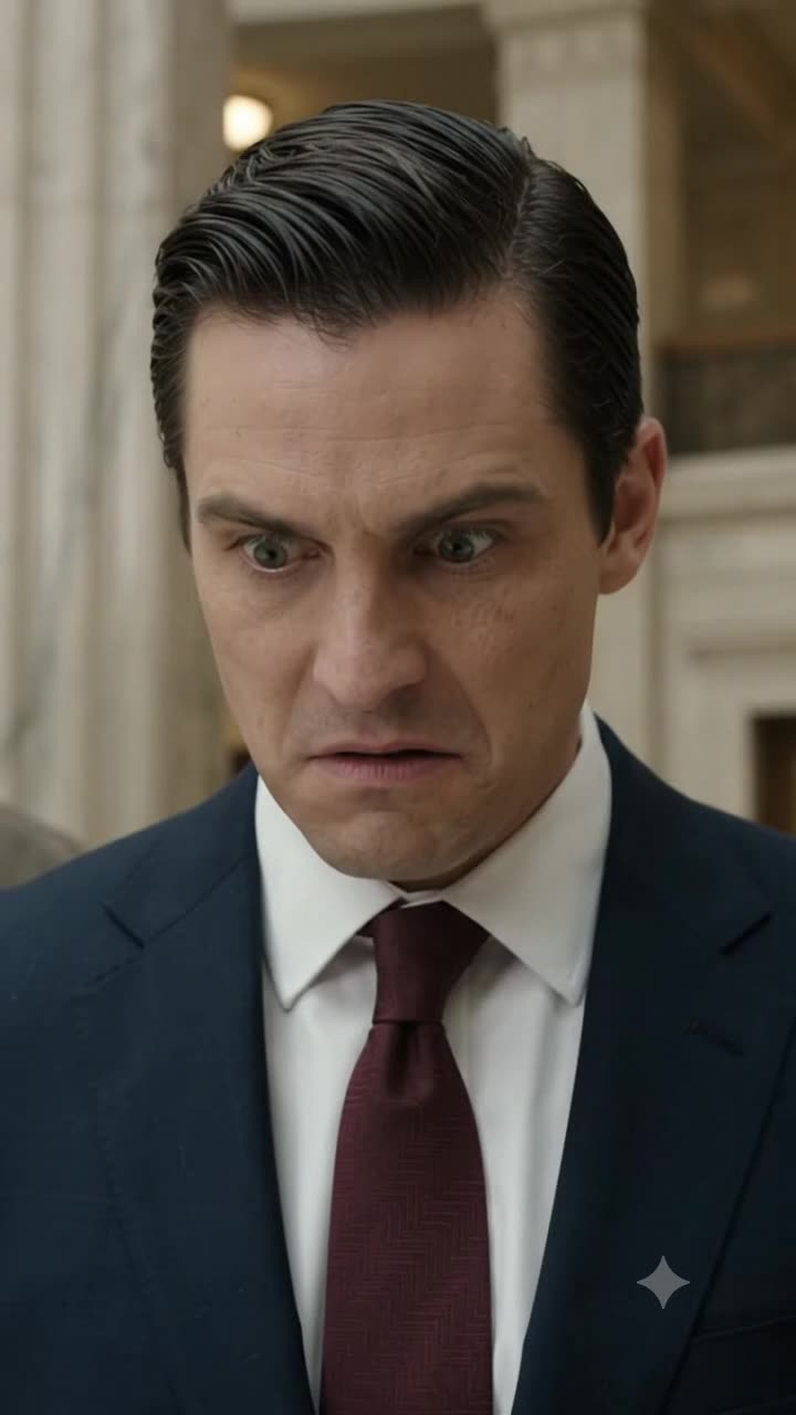 A close-up of Trenton's face as his smug smile transforms into complete shock and panic.
