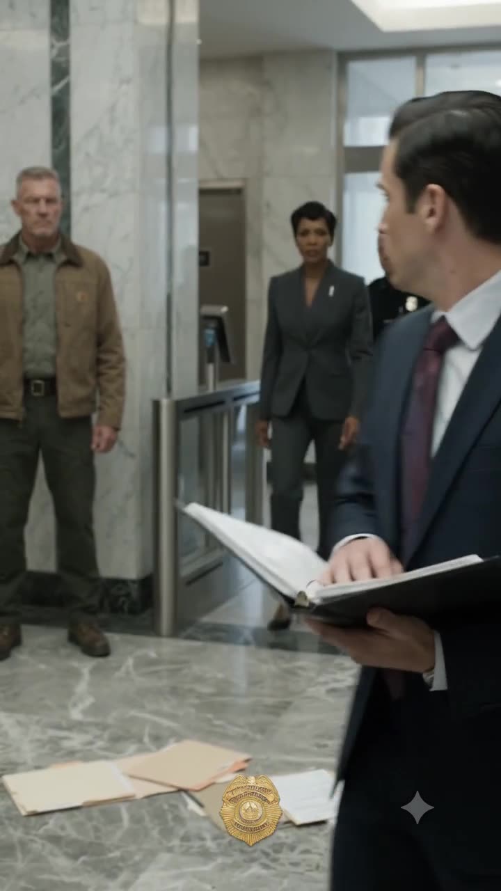 A businessman in a suit looks through a binder as a federal badge and documents lie scattered on the marble floor.