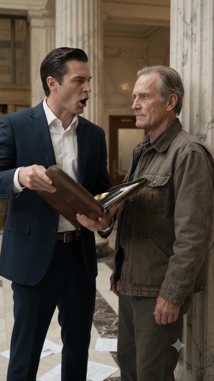 An aggressive executive shouts face-to-face at a calm older man wearing a brown jacket in a hall.