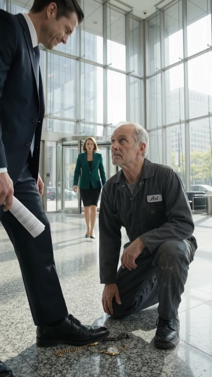 Trent Vance smiles mockingly down at the kneeling janitor while CEO Evelyn Mercer approaches rapidly in the background.