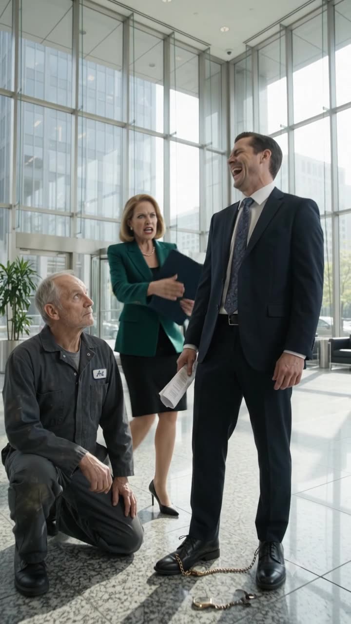 Trent Vance laughs derisively with the chain trapped underfoot as Evelyn Mercer confronts him in the glass atrium.