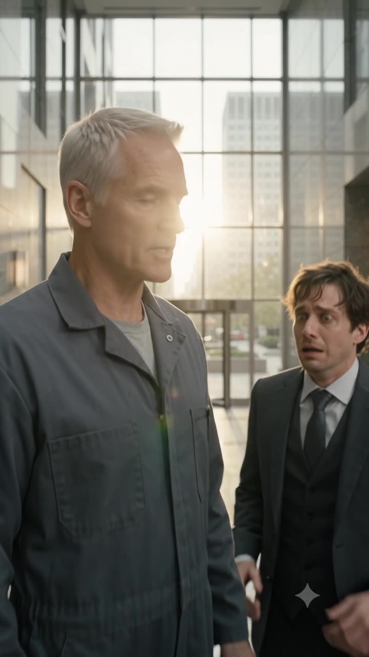 Arthur stands tall in his work jumpsuit while Trent stares wide-eyed in terror behind him.