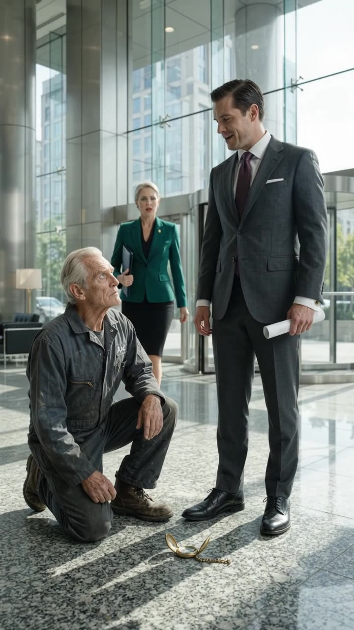 Arthur looking up calmly at Trent Vance as Evelyn Mercer walks briskly toward the confrontation.