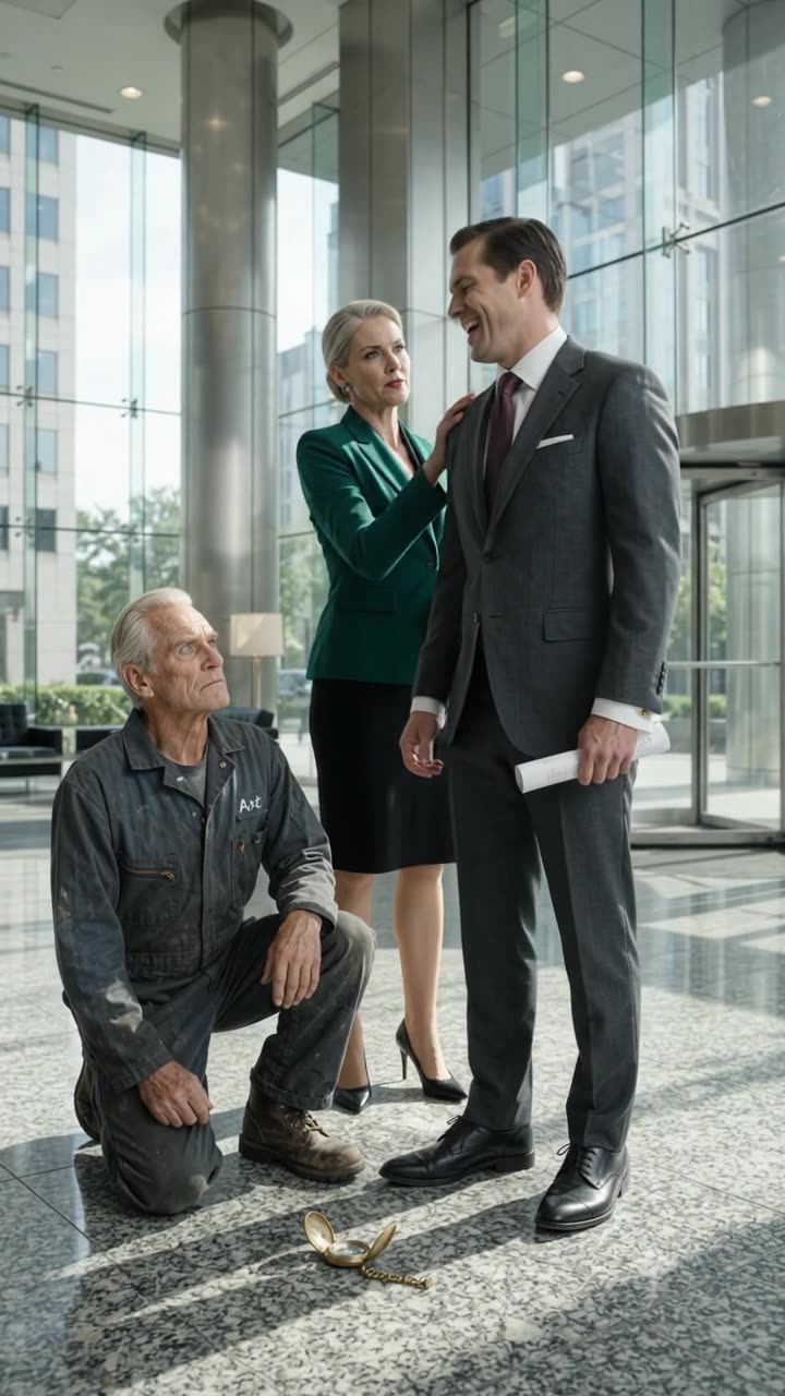 Evelyn Mercer placing a firm hand on Trent Vance's shoulder as he laughs oblivious to her arrival.