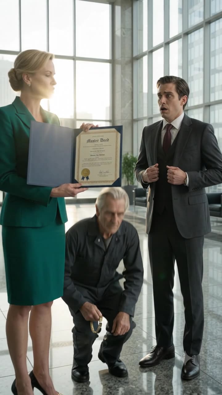 Trent clutches his lapels in shock as Evelyn presents the deed and Arthur prepares to rise