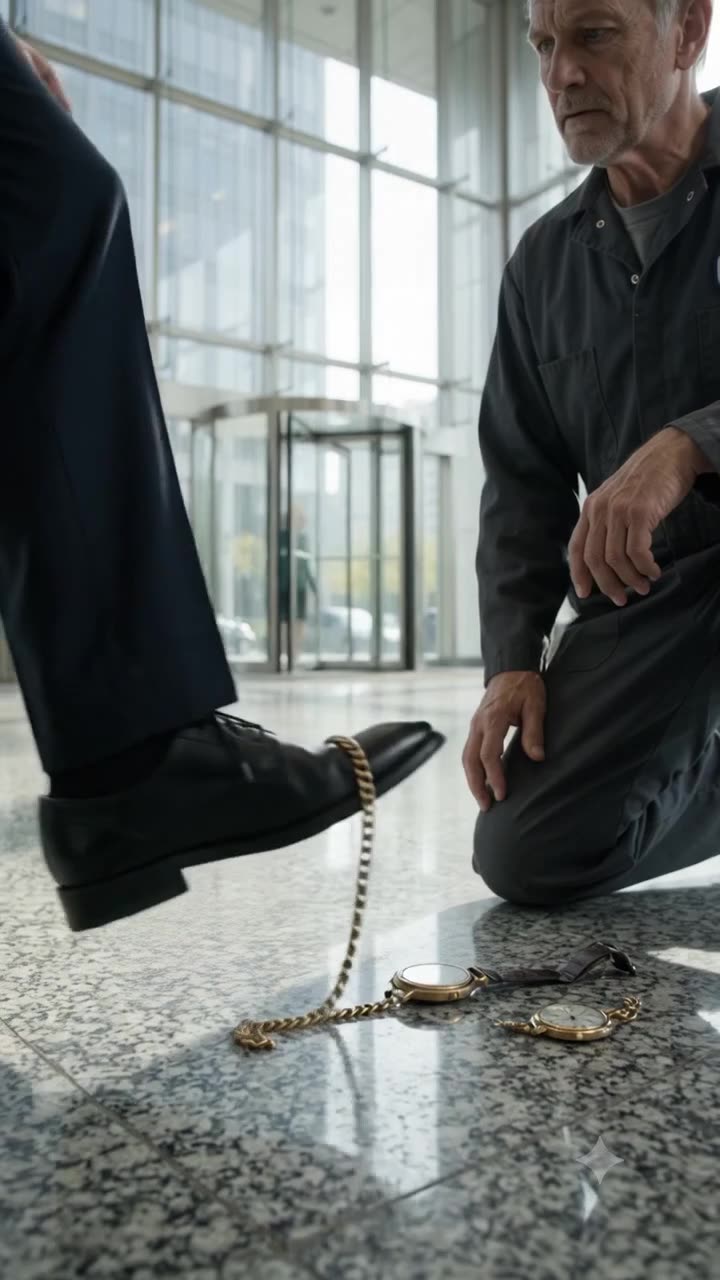 A businessman's dress shoe steps onto a gold pocket watch chain while an older custodian kneels on the marble floor.