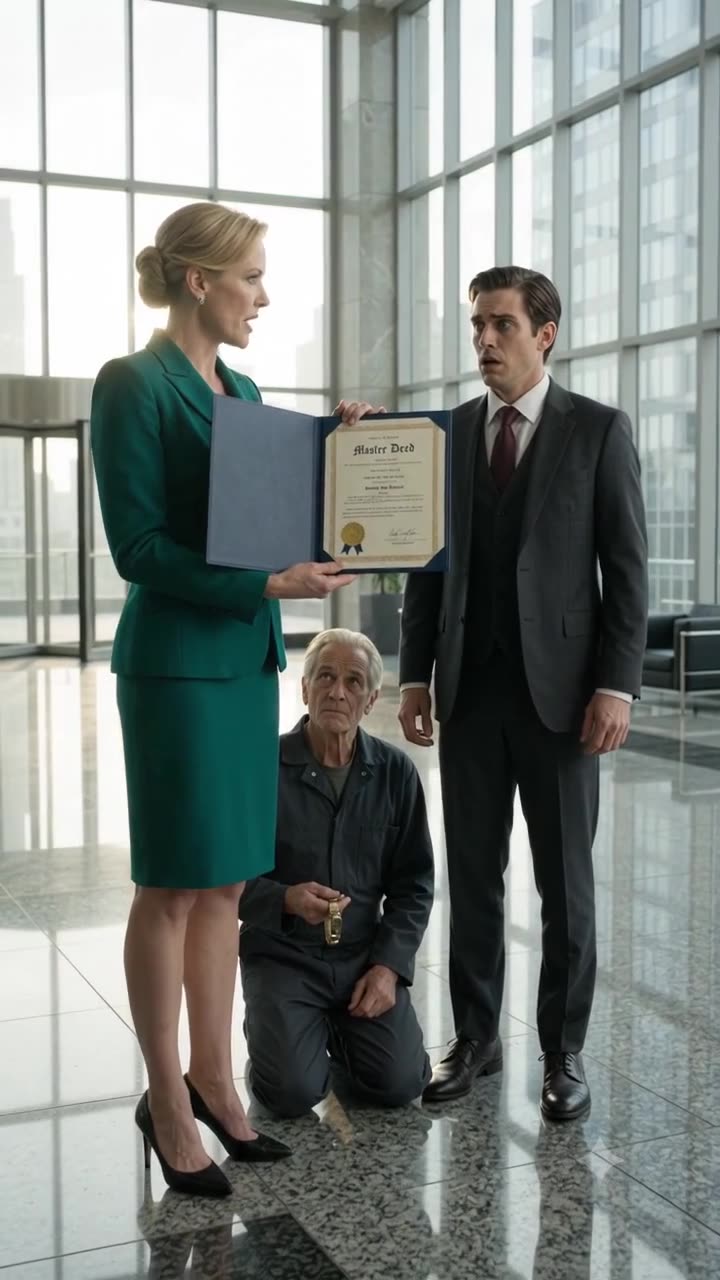 A female executive in a green suit presents an official Master Deed next to a stunned director and kneeling founder.