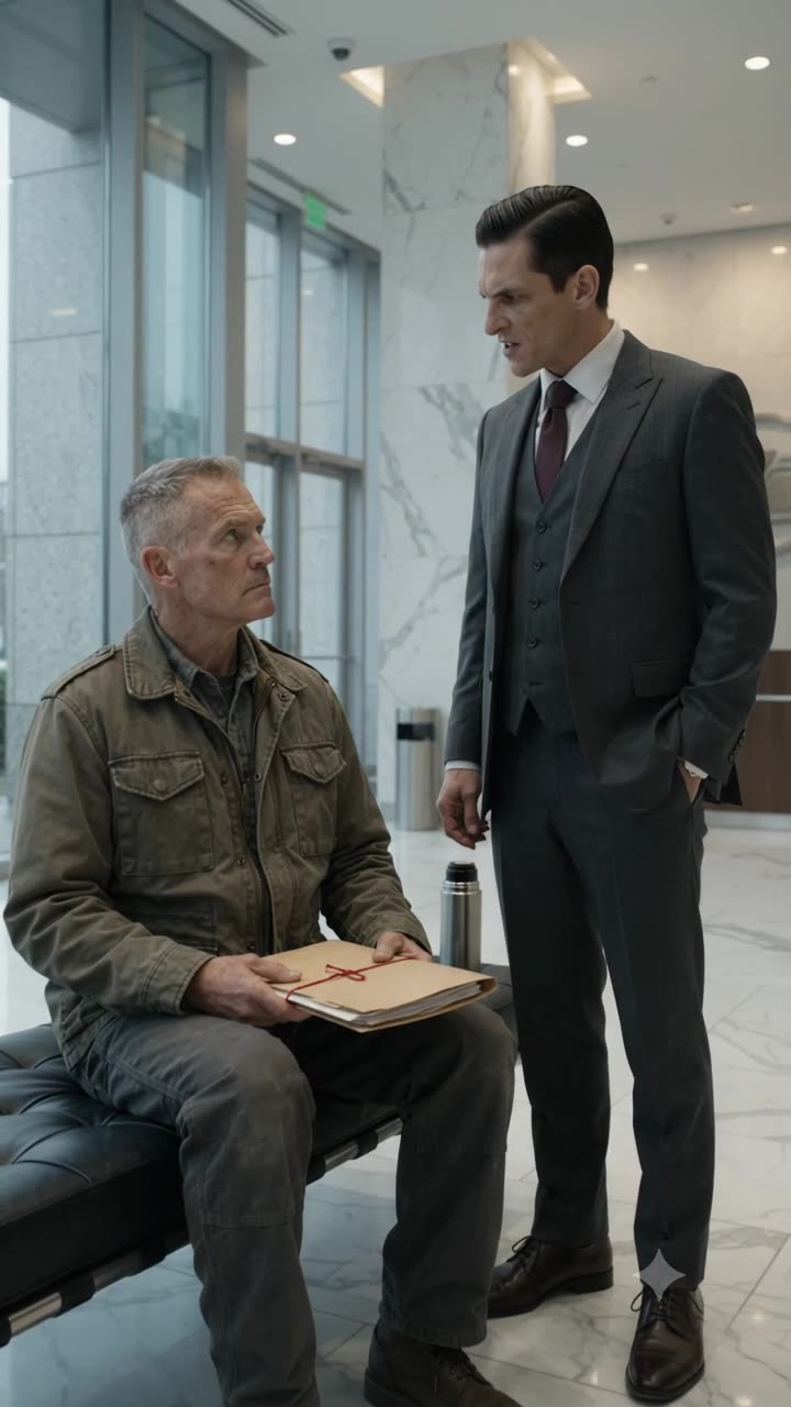 Julian Croft aggressively looms over Frank Miller in an aerospace contractor lobby