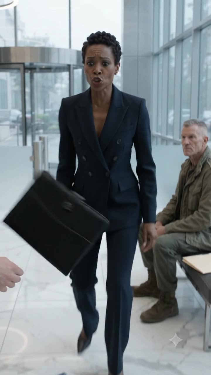 Evelyn Reed rushes forward in panic, dropping her briefcase upon seeing Frank Miller on the lobby bench.