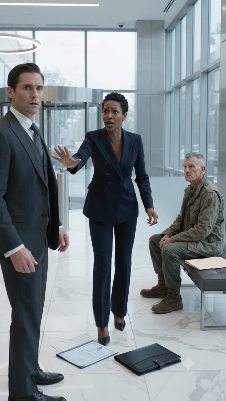 Evelyn frantically gestures at Julian Croft to halt his confrontation with the seated veteran Frank Miller.