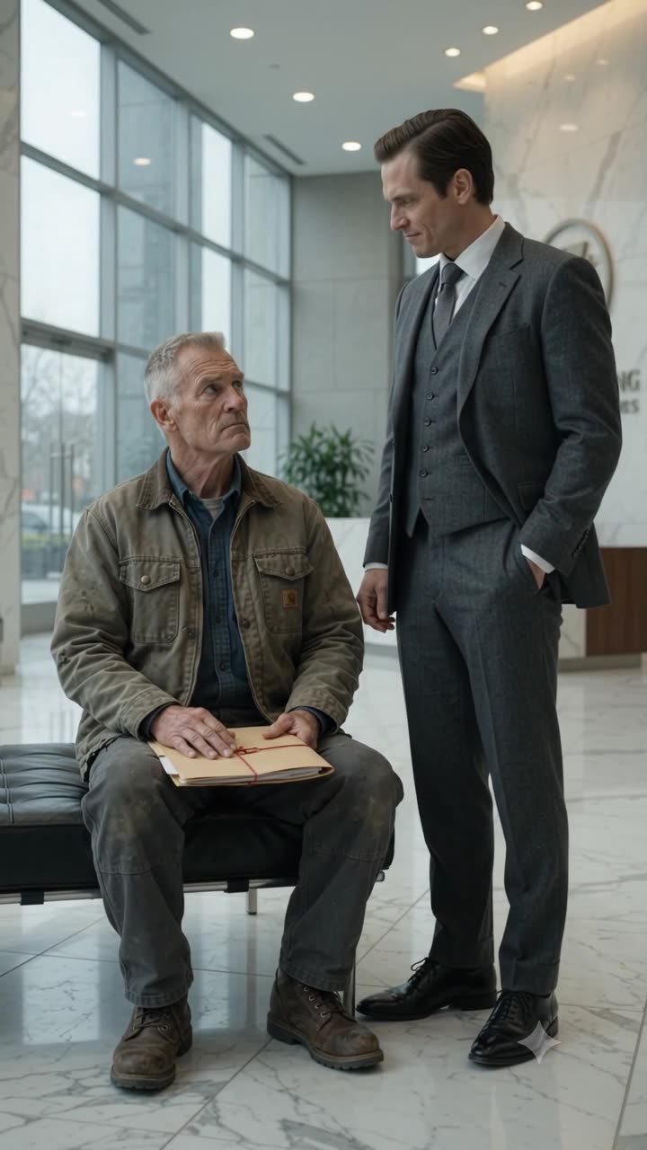 Franklin Hayes looks up calmly from his bench as Julian Mercer sneers over him in a three-piece suit.