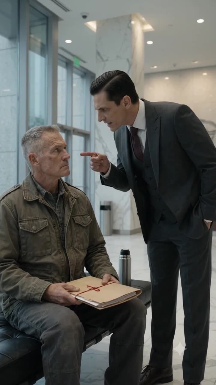 The corporate executive points an aggressive finger into the face of the quiet elderly man sitting on the lobby bench.