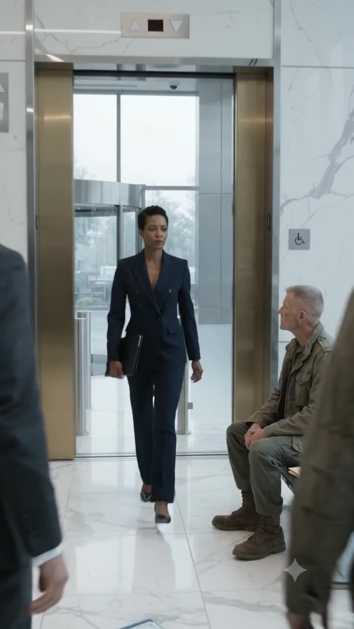 A female CEO in a dark tailored suit steps out of an elevator and walks into the marble lobby toward the bench.