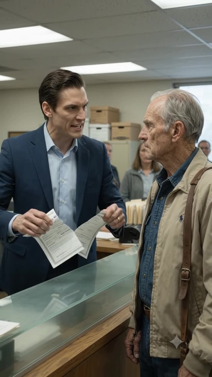 Brett Sterling tears Arthur Vance's official document in two before a crowd of onlookers.