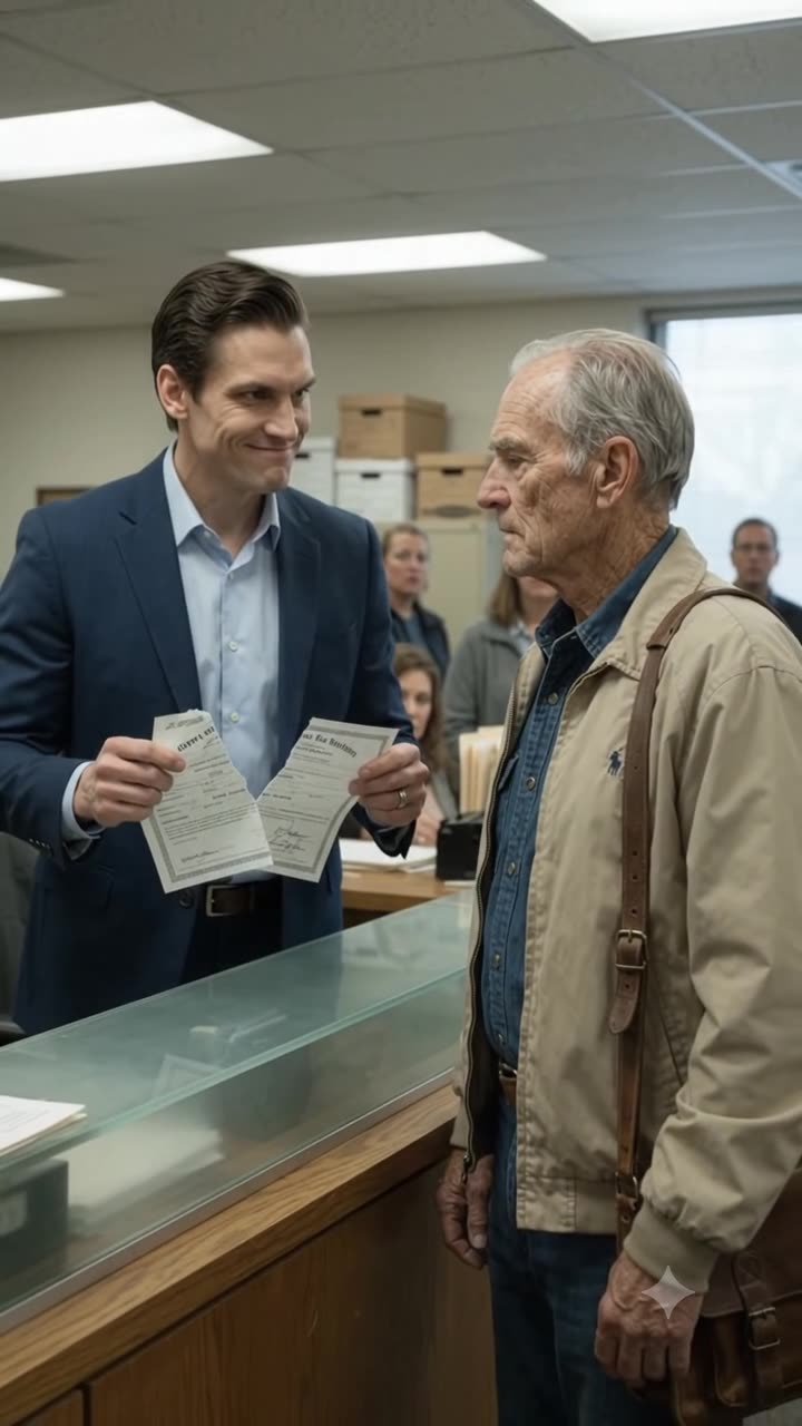 Brett Sterling smirks mockingly while holding the torn document halves in front of Arthur Vance.