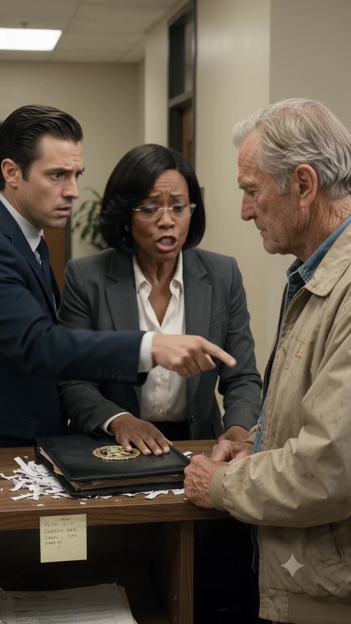 Clara Hayes confronts a trembling Brett Sterling while Arthur Vance stands stoically over his portfolio