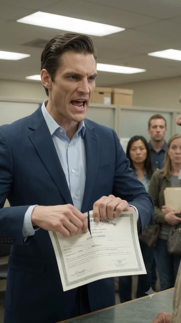 Brett Sterling shouts angrily as he aggressively tears Arthur Caldwell's official document down the middle.
