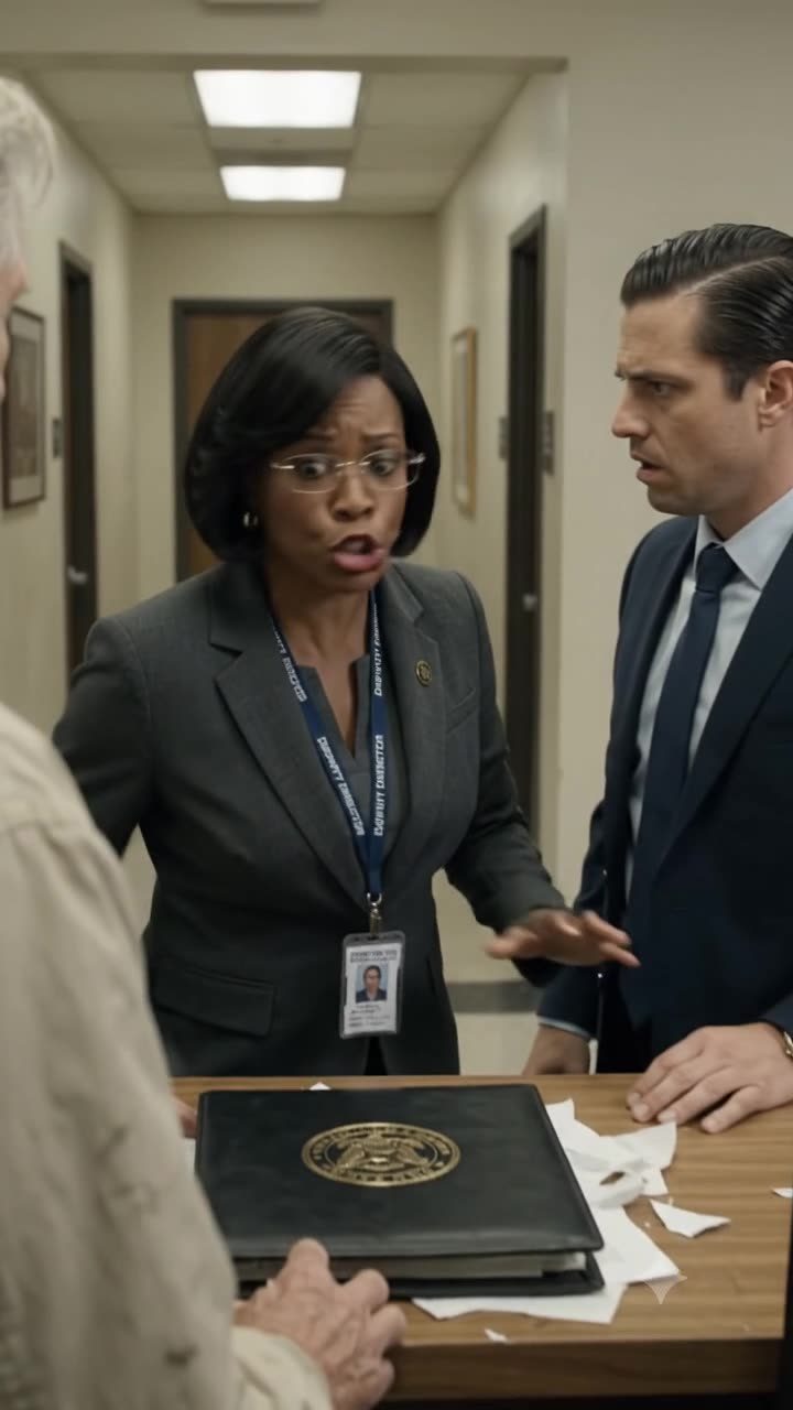 Clara Hayes rushes forward to push down Brett's hand while staring in awe at the veteran's portfolio.