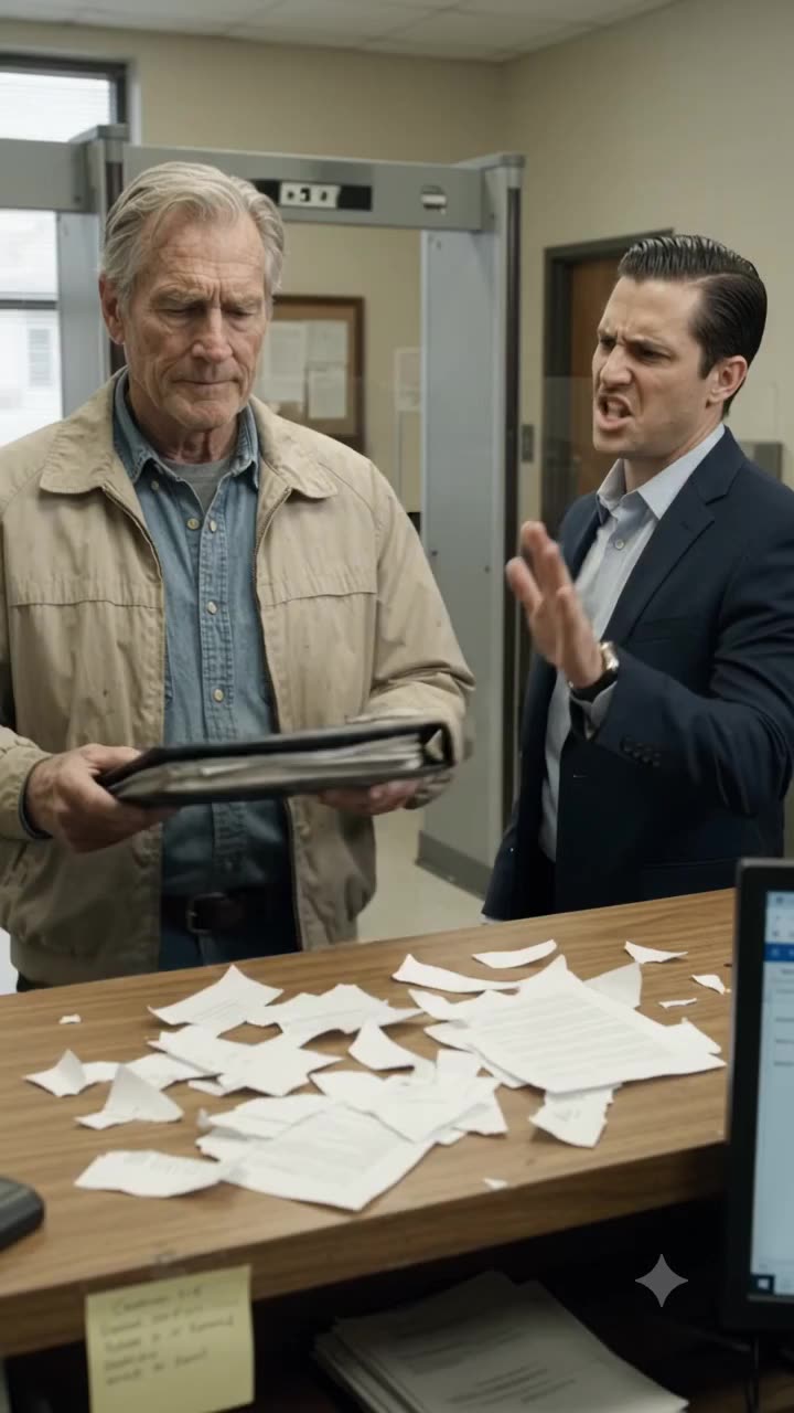 An enraged clerk in a business suit gestures aggressively over shredded papers on the desk.