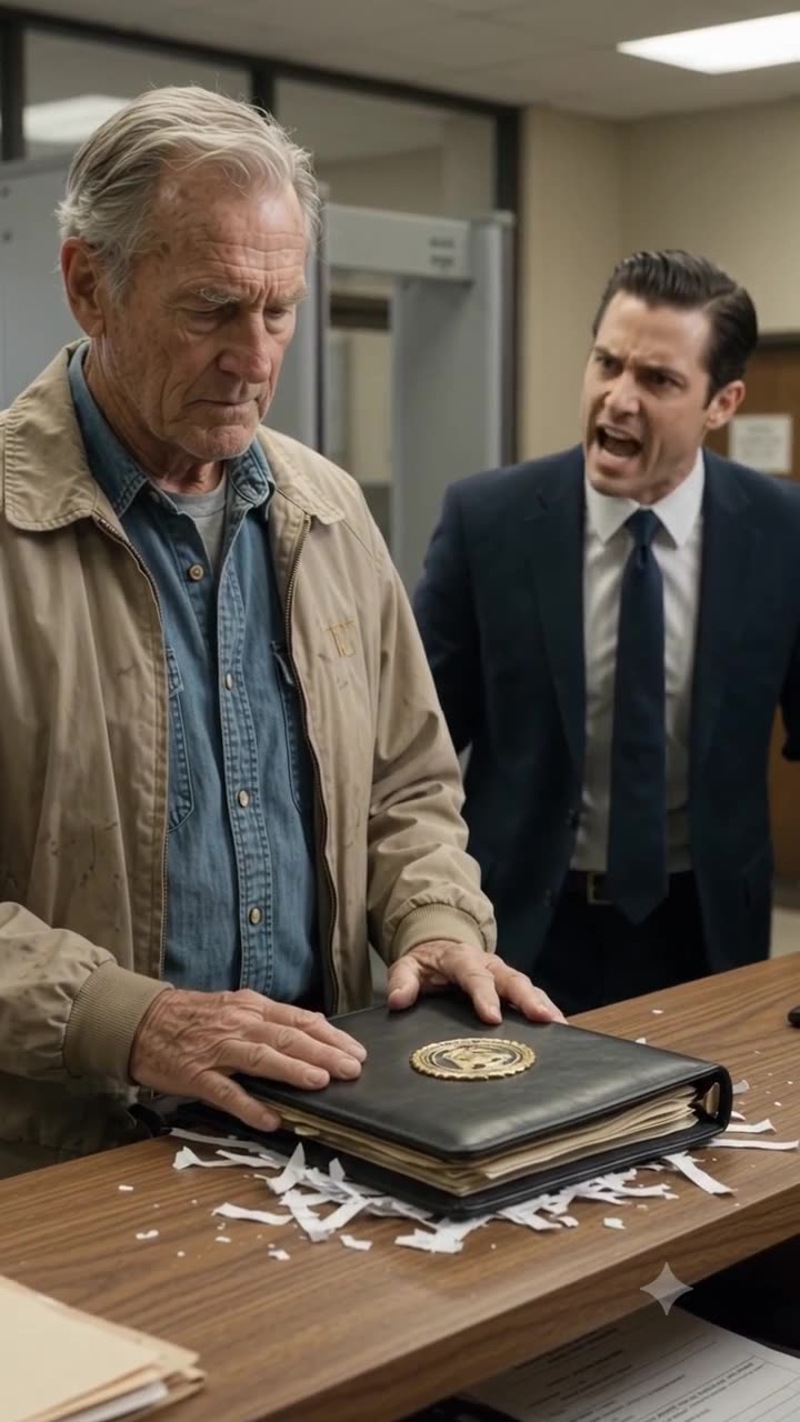 The older man places a gold-crested leather binder onto the desk as the clerk shouts in fury.
