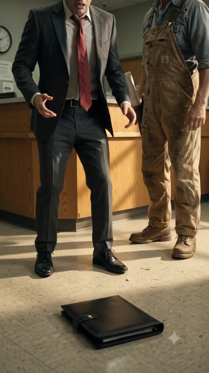 The stunned executive gasps in shock as his black leather briefcase falls to the office floor.