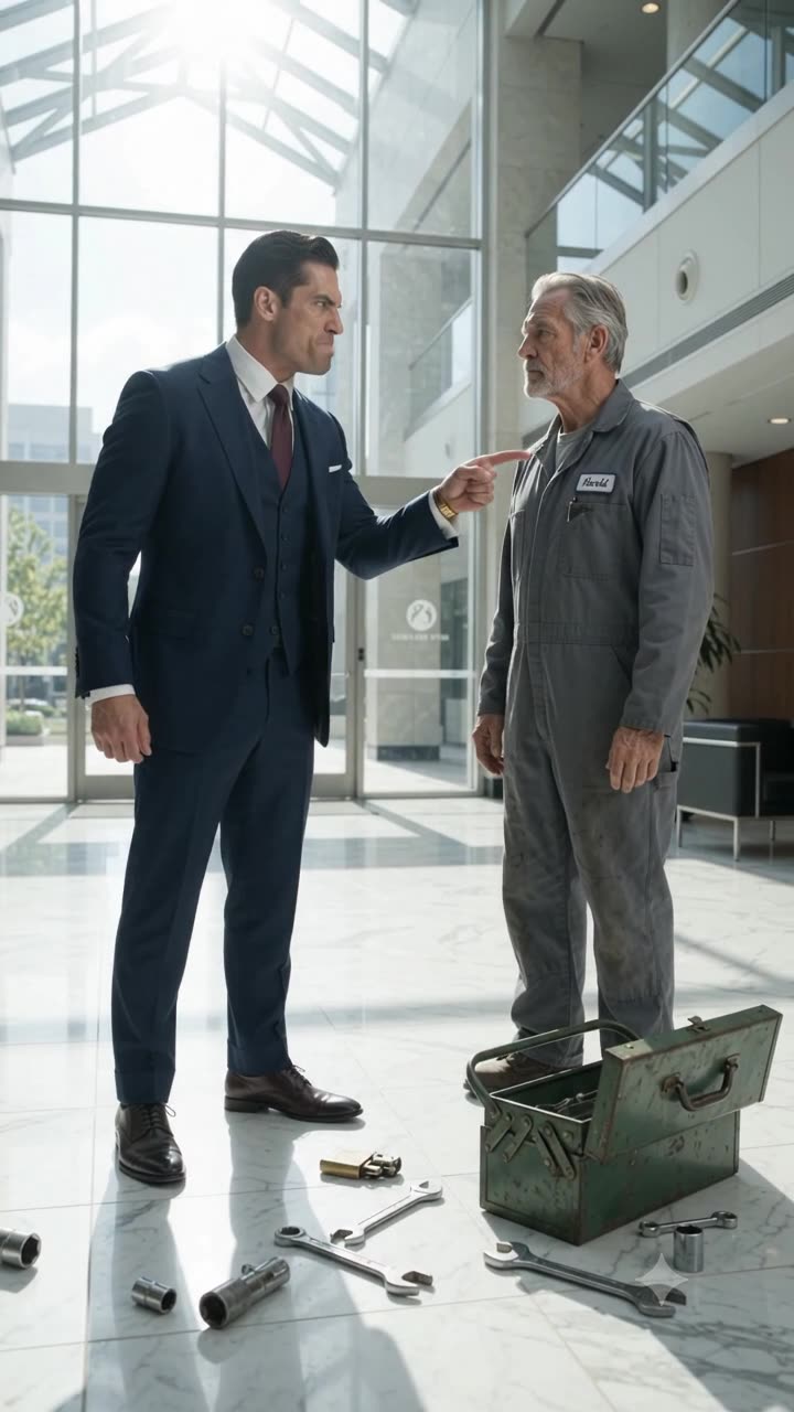 Julian Cross aggressively pointing his finger at janitor Harold Vance in the sunlit glass corporate lobby