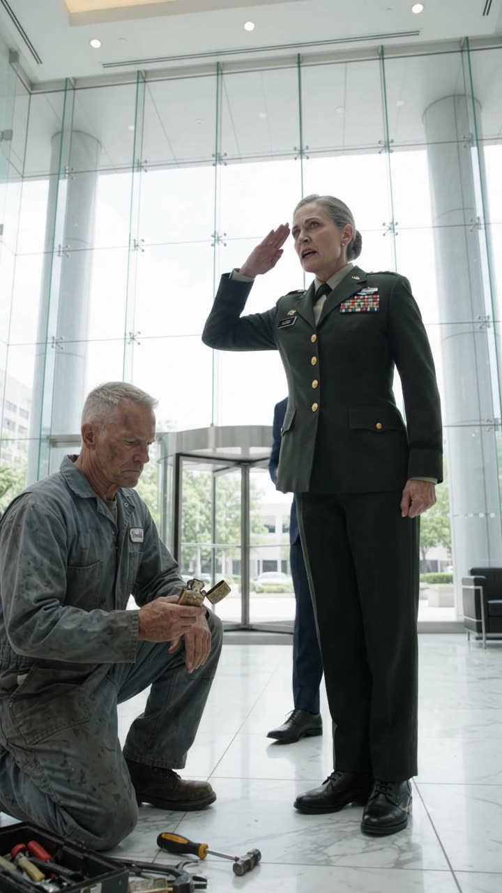 General Shaw snaps to attention and delivers a formal military salute to the kneeling janitor holding his lighter.