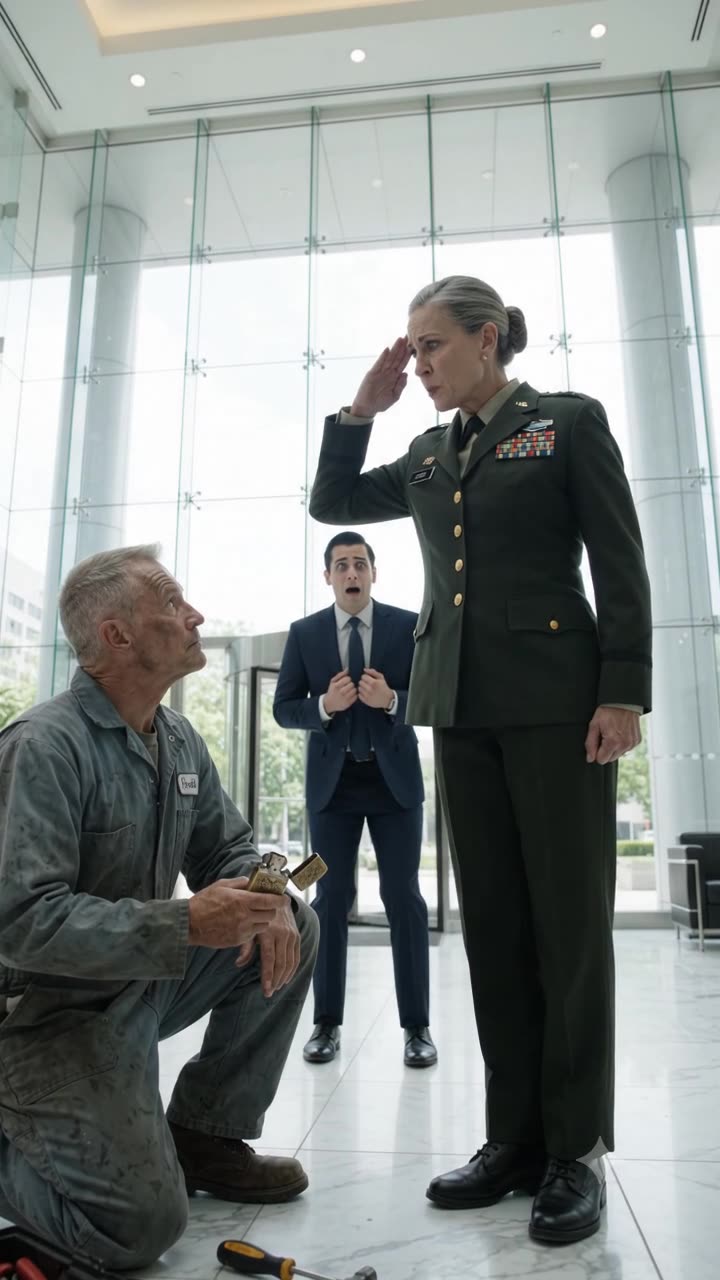 Julian Cross stands frozen in utter shock with mouth agape as General Shaw salutes Harold Vance in the corporate atrium.