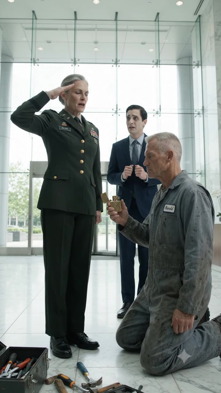 General Shaw snaps into a rigid military salute toward the kneeling janitor as Julian Cross watches in shock.