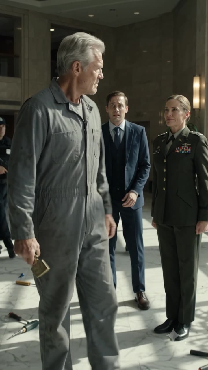 Holding his chairman seal, Harold confronts a terrified Julian Cross beside the four-star general.