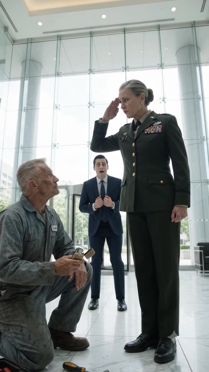 A female four-star general salutes the kneeling janitor while the shocked executive gasps in the background.