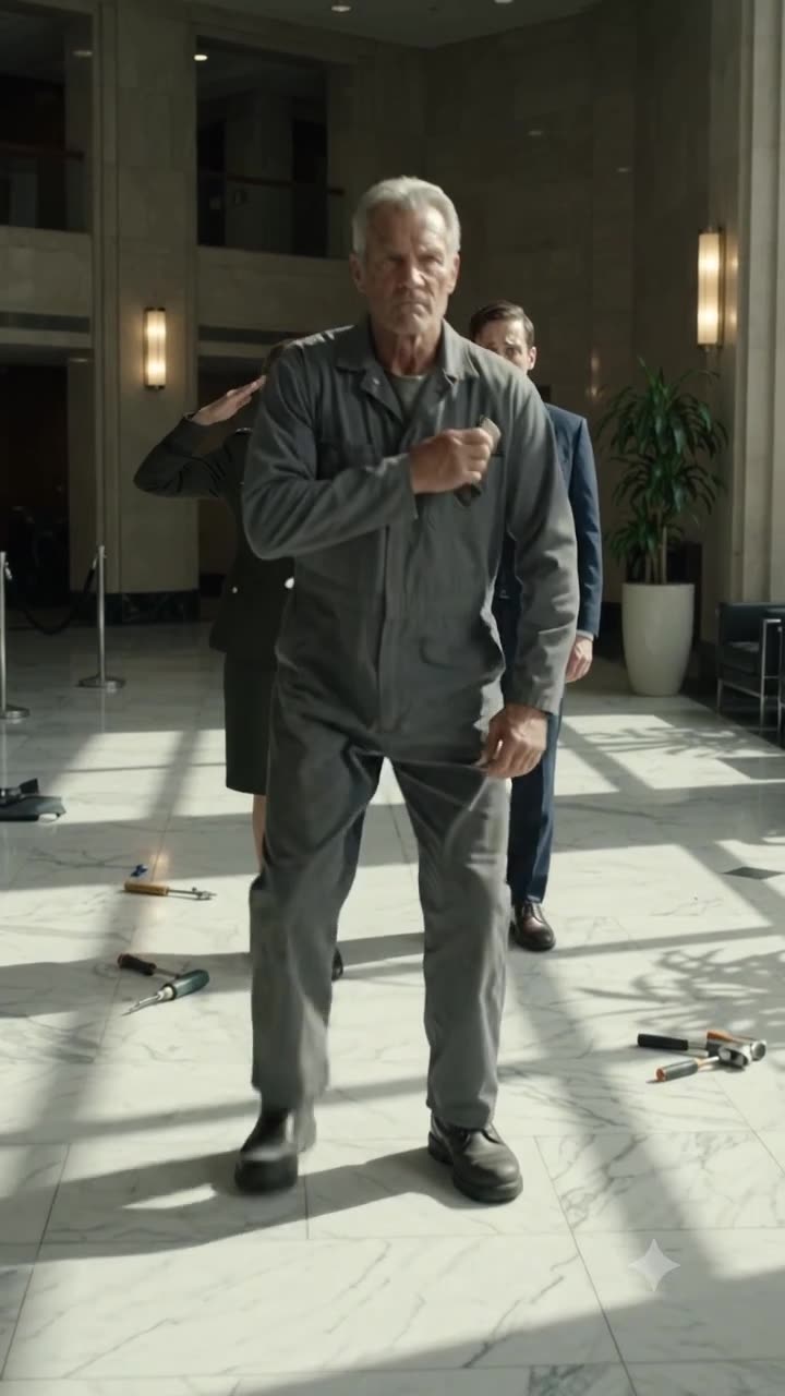 The elderly janitor stands at military attention, securing a lighter in his pocket while the general salutes behind him.