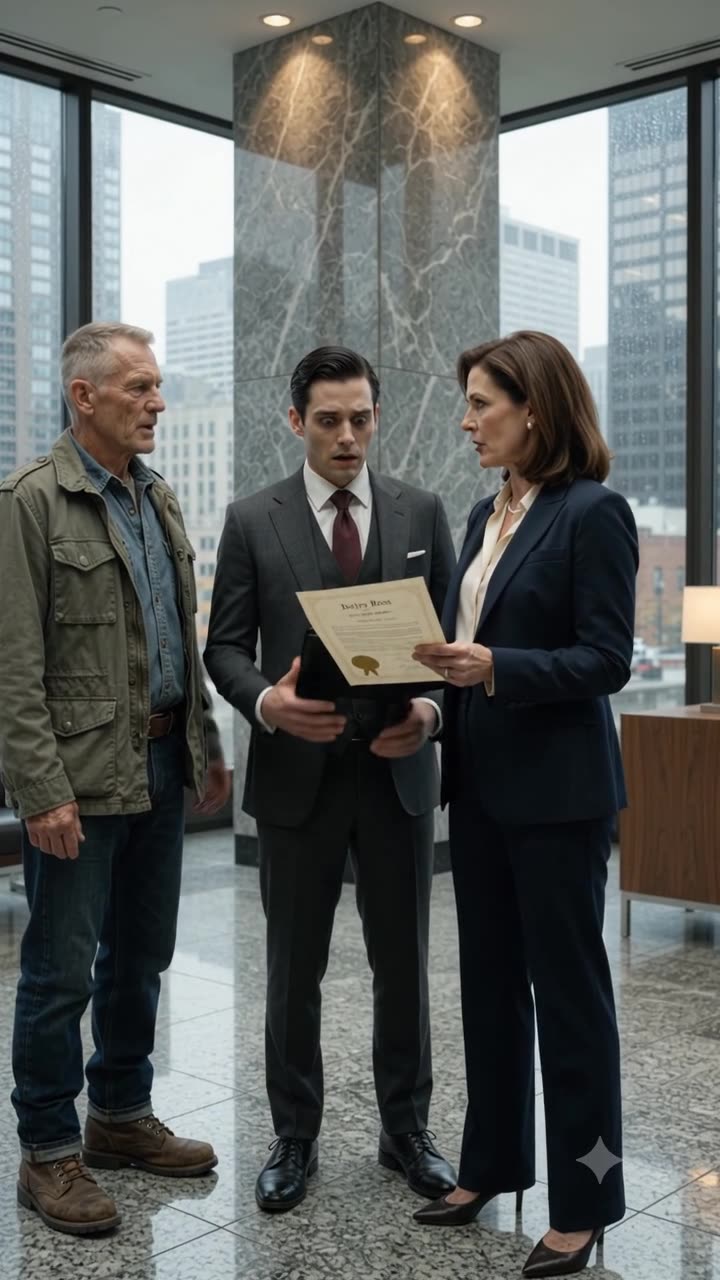 Tyler Sterling's jaw drops as he inspects the official corporate deed presented by executive Evelyn Ross.