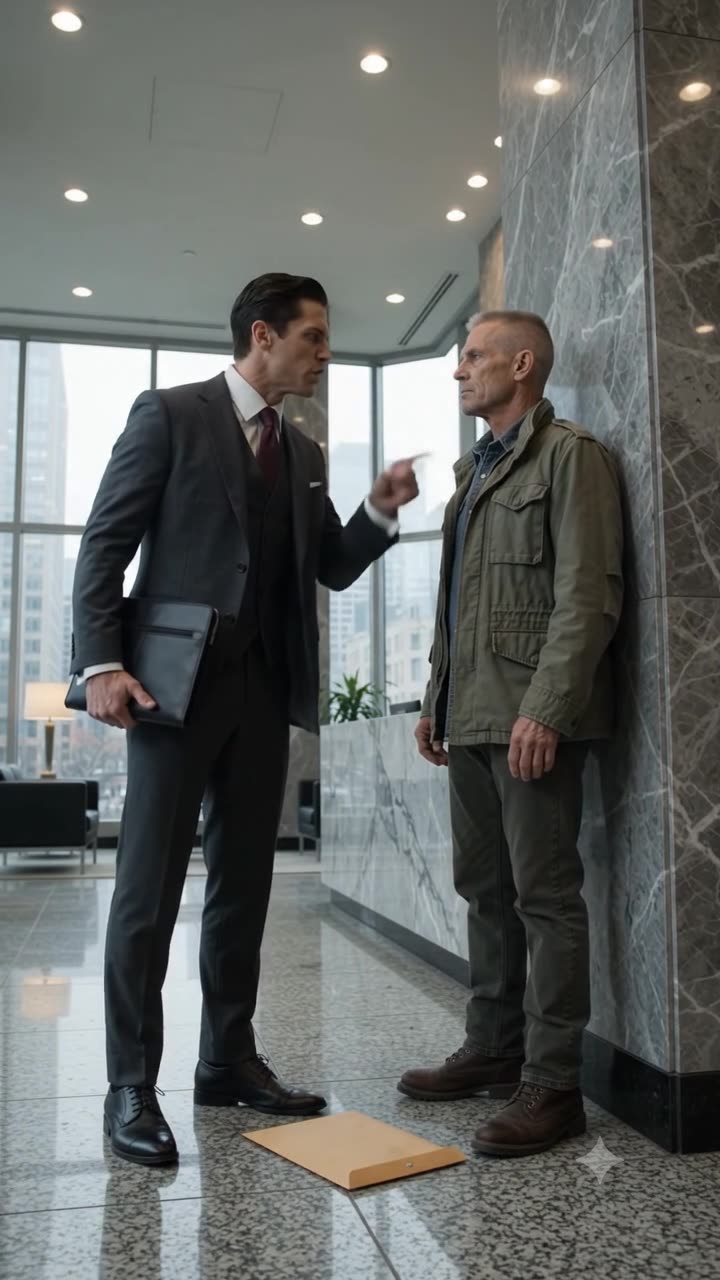 Tyler confronts Dennis as a manila envelope lies dropped on the marble floor