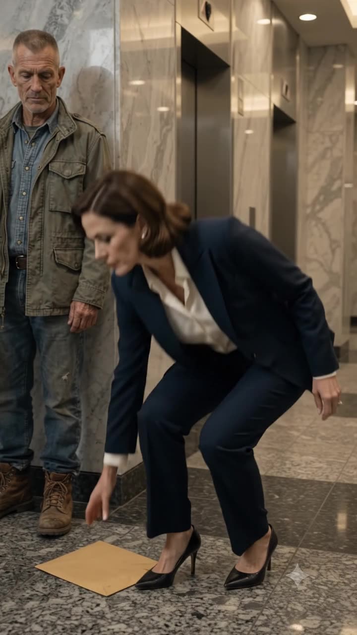 Corporate director Evelyn Ross kneels on the granite floor to retrieve the discarded envelope.