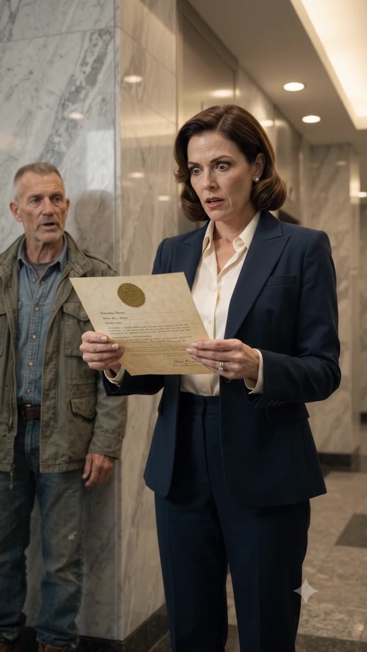 Evelyn Ross reads the gold-sealed parchment document in complete disbelief as Dennis Vance watches from behind.