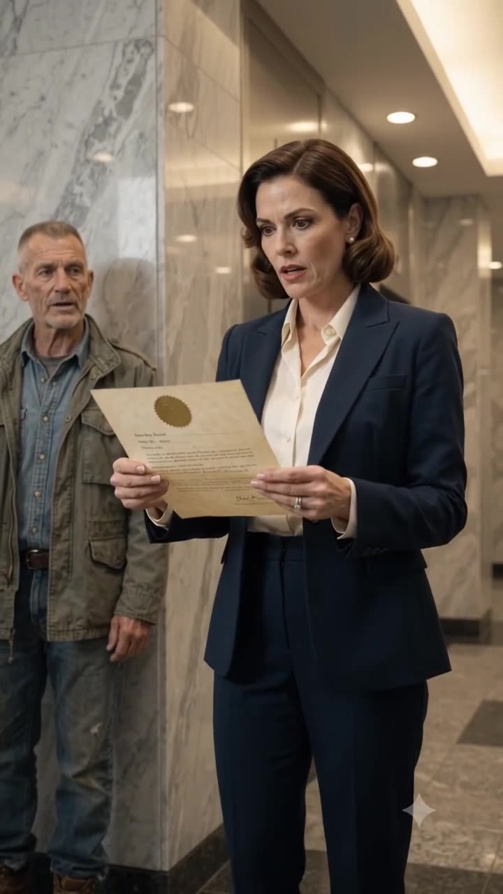 A female corporate lawyer inspects a certified document with a gold seal while the veteran watches quietly in the background.