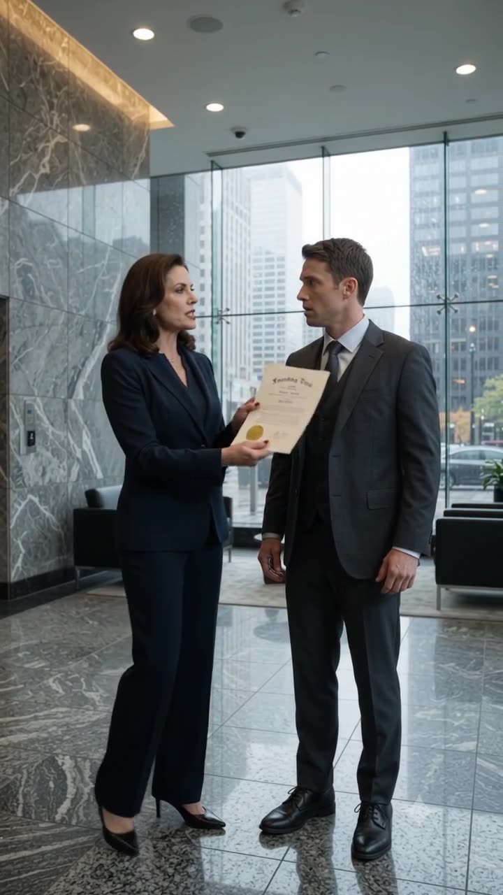 The corporate lawyer shows the official deed to the stunned executive in the high-rise office lobby.