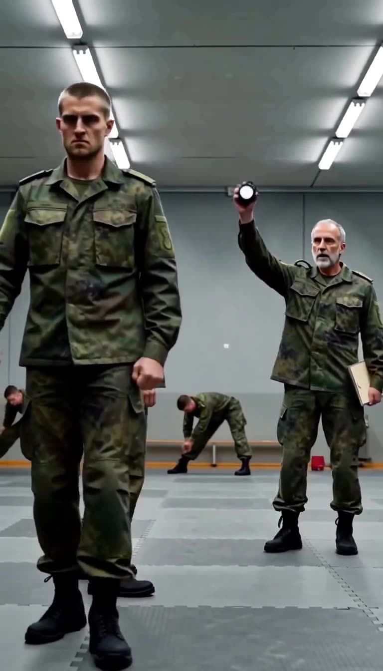 Ein massiver Bundeswehrsoldat marschiert siegessicher auf die Matte