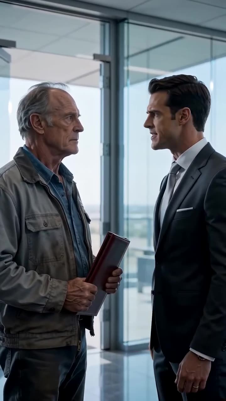 Julian Reed gestures sharply while confronting Arthur Vance inside the high-rise office.