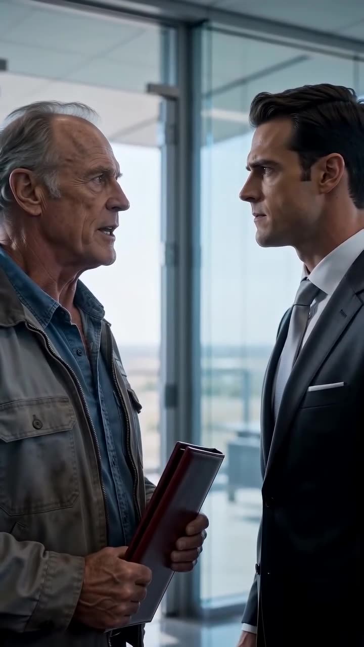 Arthur Vance calmly speaks eye-to-eye with an unsettled Julian Reed in the boardroom.
