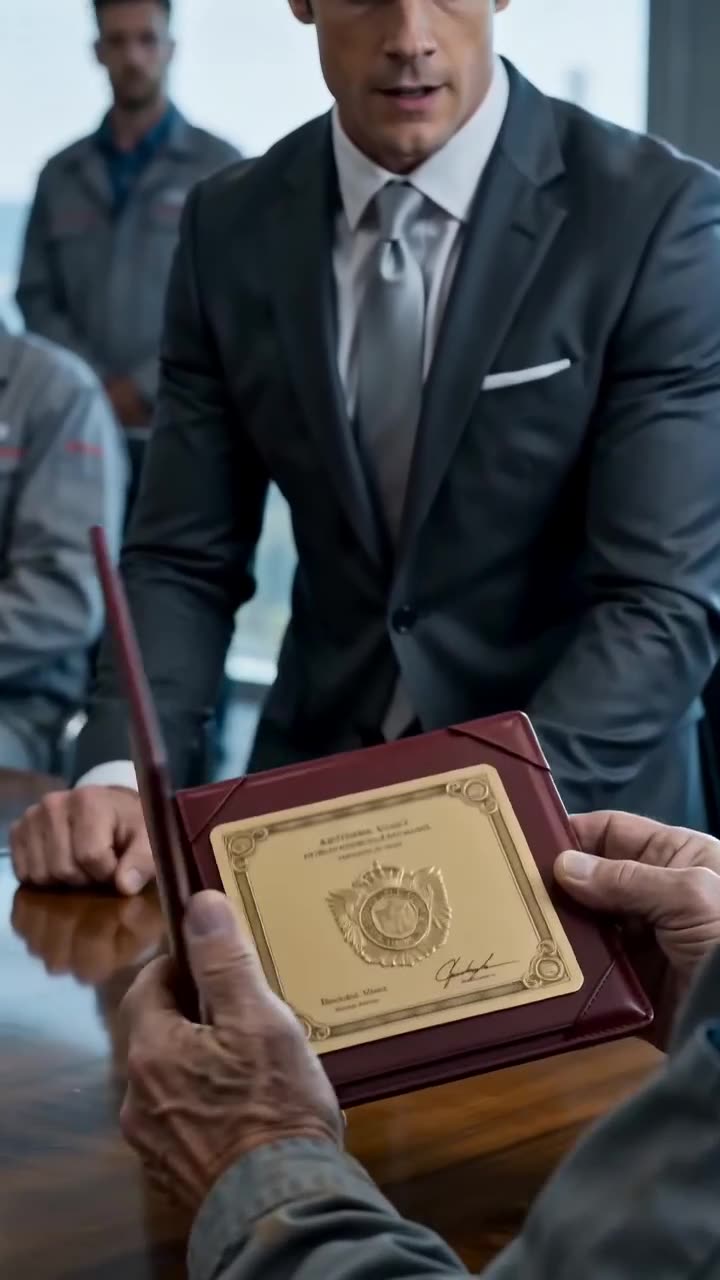 Arthur Vance calmly opens a red leather folder revealing an embossed gold founder plaque