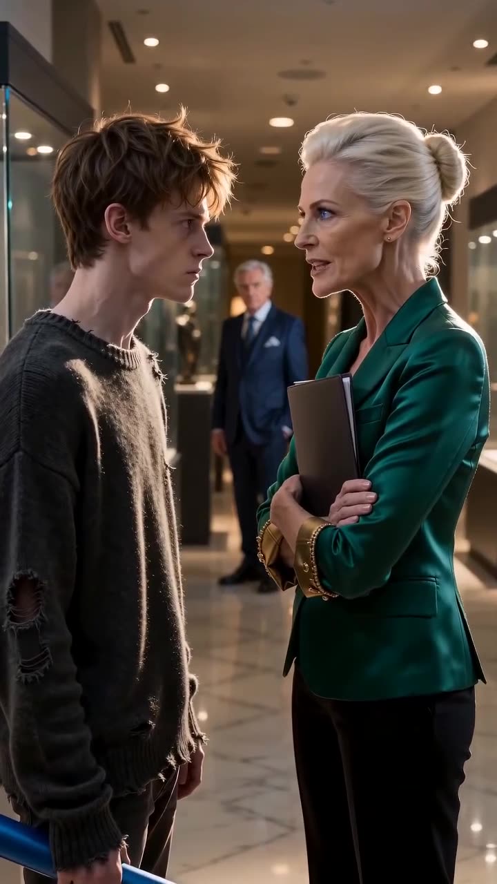 Eleanor sneers at Caleb at close range as she commands him to leave the exhibition