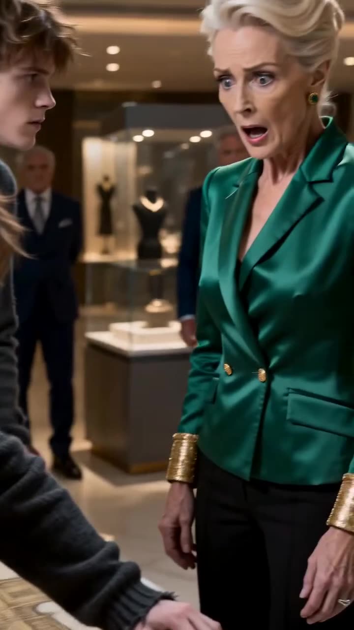 Fashion director Eleanor Sterling gasps in terror and disbelief in an emerald green blazer.