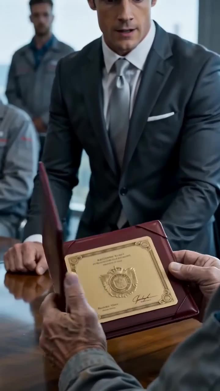 The corporate executive stares in stunned silence at a gold-crested patent certificate inside the opened folder on the boardroom table.