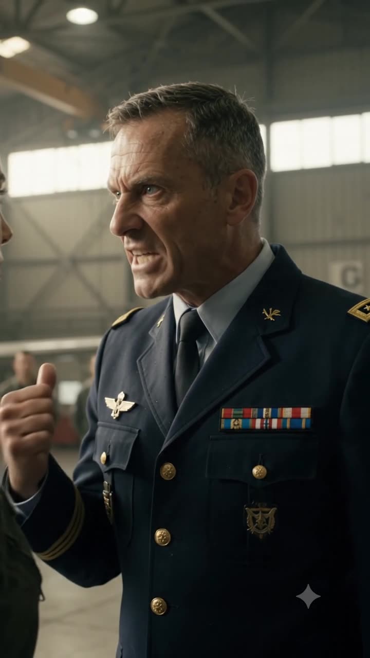 General Laurent snarls with rage, aggressively shouting inches from his subordinate's face.