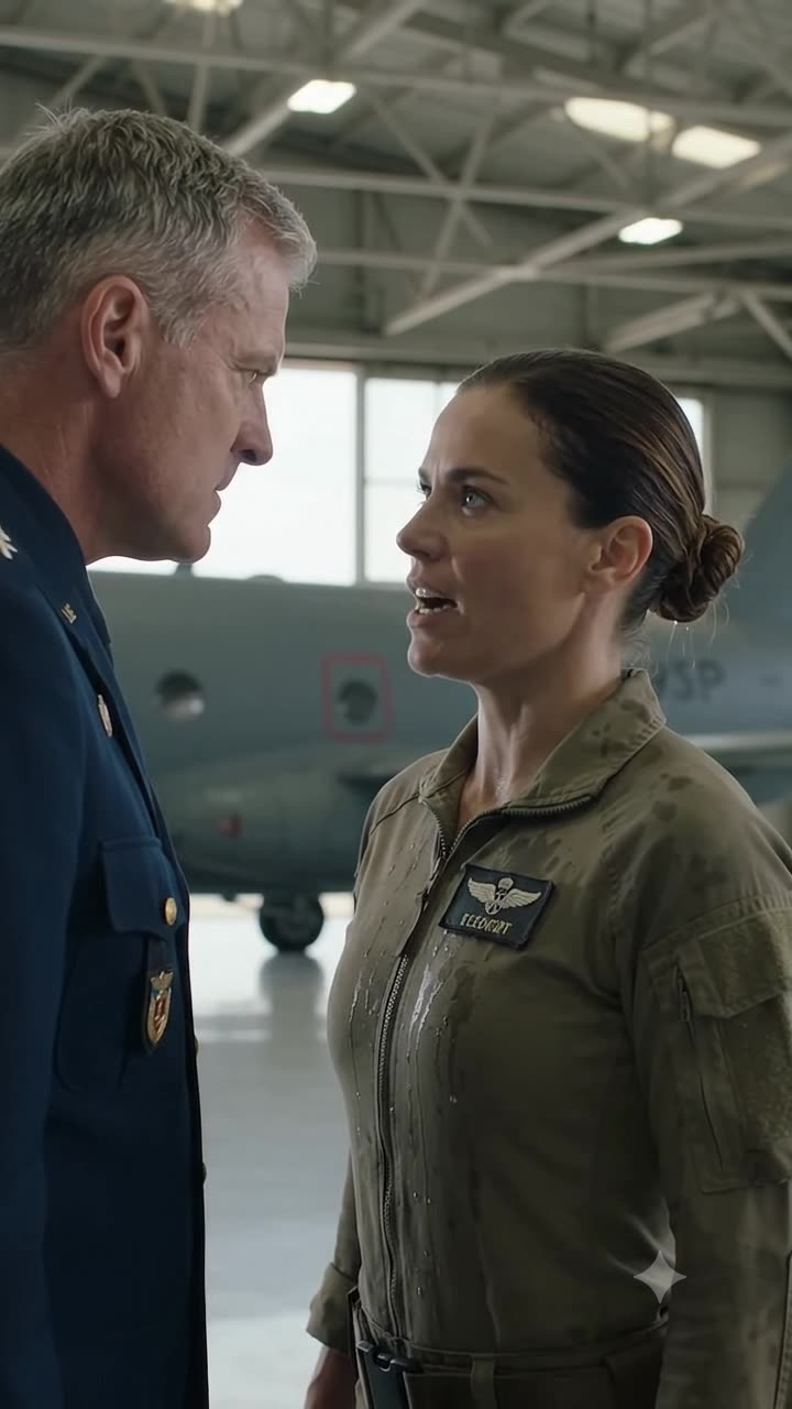 Captain Eléonore speaks firmly to the commanding general after being publicly drenched in water