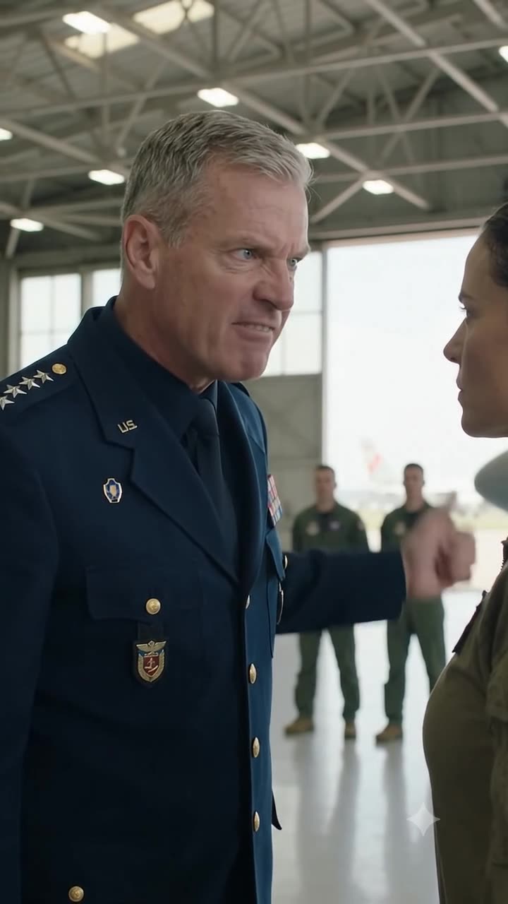 General Laurent snarls and gestures aggressively at Captain Eléonore inside the air base hangar